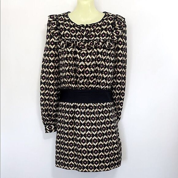 Milly  Of New York Black and Cream Silk Patterned Mini Dress Sz 6 - Picture 1 of 7